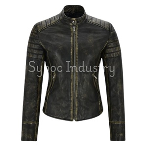 Chaqueta de cuero de motorista con hombros acolchados para mujer, chaqueta de cuero de motorista de piel de oveja genuina para moda y ropa informal - Product Image 1