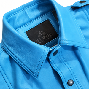 Sky Blue Burgundy Olive Leather <b>Shirt</b> Short Sleeve <b>Epaulet</b> Black Yellow White Trim Snap Button Mens Lambskin Top - Product Image 2
