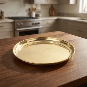 Assiette en laiton doré pour la décoration de la maison, assiette décorative en laiton simple, assiette de service traditionnelle, finition durable - Product Image 2