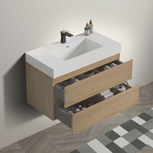 36 \ "lavabo da bagno in rovere grande contenitore a parete galleggiante Design moderno pezzo unico scarico lavabo nero Pre-assemblato - Product Image 3