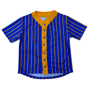 Premium SGRho Gold Pinstripe Jersey Women <b>Baseball</b> Blue Gold Premium Embroidered Greek Apparel Stylish Sporty <b>Baseball</b> Shirt - Product Image 1