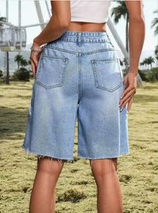 Shorts de mezclilla de cintura alta con parches de estrellas, azul claro, casuales, de verano, para mujer, transpirables, lavados con piedras, de corte holgado - Product Image 6