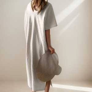 Vestido Kaftán de Lino para Mujer, Corte Holgado, Cuello en V, Midi con Abertura Lateral, Estilo Casual Minimalista de Verano - Product Image 3