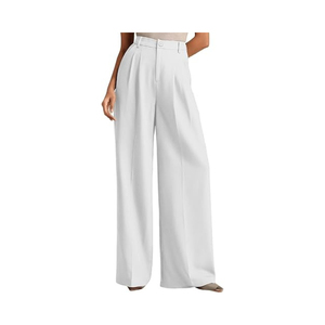 Pantalones de mujer de cintura alta, pierna ancha, largos, blancos, casuales, plisados, de ajuste holgado, de tela crepé, antiarrugas, con cierre de botones - Product Image 4