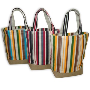 Bolsa de mano ecológica con estampado de rayas multicolores, bolsa de compras de lona para supermercado, Asa web de cuero para promoción de regalos - Product Image 1