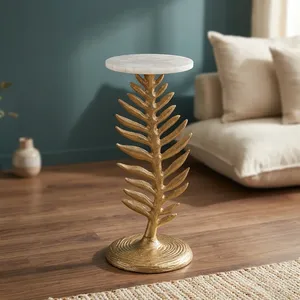 Table d'appoint moderne avec plateau rond en marbre et base en métal décorative en forme de feuille, meuble d'appoint de luxe pour la décoration du salon et de la chambre - Product Image 3