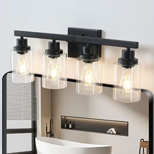 Applique da Parete Industriale Moderna Nera da 24 Pollici a 4 Luci per Bagno con Paralumi in Vetro Trasparente, Specchio e Illuminazione per Vanità - Product Image 2
