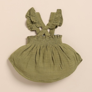 Premium Quality Organic Muslin Sleeveless Frill Top and Bloomer <b>Set</b> in Olive + Oatmeal Baby Clothing - Product Image 3