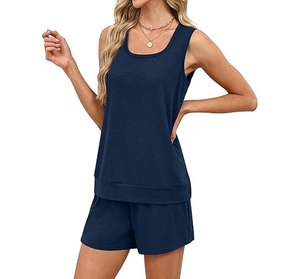 Women's Navy Blue Sleeveless Knitted 2-Piece Shorts Set O-Neck Loose Fit Casual Solid Color Spring Summer Wear - Product Image 4