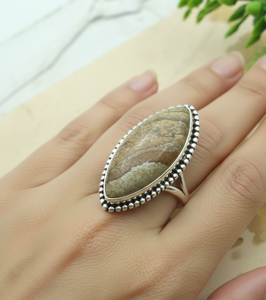 Anillo de Plata de Ley 925 con Incrustaciones de Jaspe, Hecho a Mano, Forma Marquesa, Marco con Cuentas, Joyería Boho, Chapado en Oro Rosa y Oro Amarillo - Product Image 2