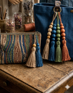 Wood <b>Bead</b> Tassel Decorative <b>Fringe</b> in Natural Blue Green Orange Colors - Product Image 3