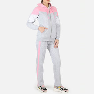 Survêtement pour femme à blocs de couleur, à capuche, avec fermeture éclair, manches longues, décontracté, printemps, gris rose, polyester coton, coupe régulière, poches latérales - Product Image 2