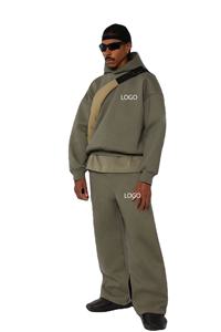 Ensemble survêtement homme vert olive uni avec logo personnalisé, sweat à capuche et pantalon de jogging assorti, OEM ODM, vente en gros de vêtements - Product Image 2