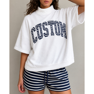 Custom <b>Women's</b> Terry <b>Short</b> Sleeve Turtleneck Sweatshirt with <b>Striped</b> <b>Shorts</b> Loungewear Set Spring Casual Wear Mock neck Sets - Product Image 4