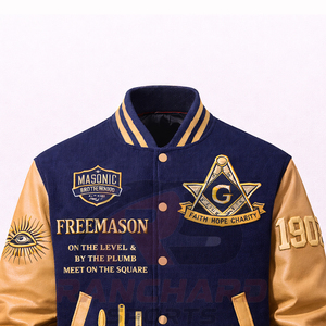 Veste universitaire personnalisée d'inspiration maçonnique – Corps en laine de qualité supérieure avec manches en cuir PU et symboles brodés - Product Image 2