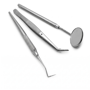 Juego de 3 piezas para examen dental: espejo dental, raspador tipo sierra y pinzas dentales. Instrumento manual con certificación CE Clase I. - Product Image 5