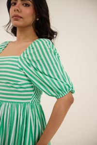 Green Striped Puff Sleeve Midi <b>Dress</b> Square Neck A-Line Cotton Casual Summer <b>Dress</b> Breathable Layered Hem Women's Daily Wear - Product Image 4