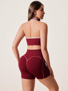 Women 2 Piece Yoga Set Burgundy Solid Color Racerback <b>Crop</b> <b>Top</b> High Waist Shorts Contrast Stitch Seamless Four-Way Stretch - Product Image 3