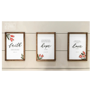 Set of 3 Tulips "Faith - Hope - Love" Wooden Decor Paintings: Exquisite 3D Raised Lettering on Natural Wood Frames - Product Image 1