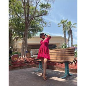 Handmade 100% Cotton <b>Pink</b> Color V Neck Mini Dress with Short Sleeves Tiered Hem And Drawstrings In Front Party <b>Bear</b> Dress - Product Image 4
