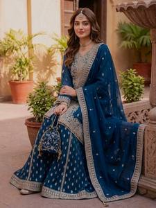 NUEVO DISEÑO DE LUJO: CONJUNTO DE TRAJE SHARARA DE GEORGETTE FUAX, SALWAR KAMEEZ CON LENTEJUELAS, ENCAJE Y LATKAN, ELEGANTE PARA TODAS LAS TEMPORADAS PARA MUJER - Product Image 2