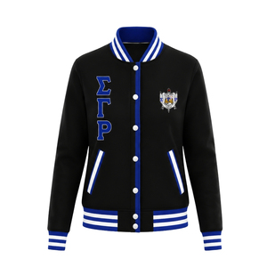 เสื้อแจ็คเก็ตเบสบอลผ้าซาตินสำหรับผู้หญิง Sigma Gamma Rho น้ำหนักเบา ซิปด้านหน้า เสื้อผ้าชมรมกรีก สไตล์ลำลอง สตรีทแวร์ แบบสั่งทำ - Product Image 1