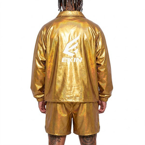 Wholesale Custom <b>Metallic</b> <b>Gold</b> Tracksuit Men Solid Casual Waterproof Windbreaker Jacket and Shorts 2 Piece Set Streetwear - Product Image 2