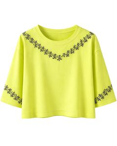 Camiseta Corta de Mujer Color Verde Neón, Bordado Floral Minimalista, Manga Corta, Informal, Mezcla de Algodón Suave, Top de Verano para Mujer, Venta al Por Mayor - Product Image 1