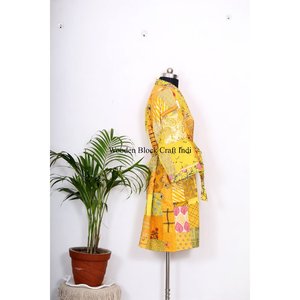 Robe Kantha en soie faite à la main pour femme, magnifique kimono vert en patchwork de coton et soie avec poches, écologique et lavable - Product Image 5