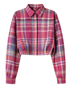 เสื้อเชิ้ตผู้หญิงลายสก็อตสีชมพูแบบครอป แขนยาว ติดกระดุม สไตล์ลำลอง แฟชั่นเสื้อเชิ้ตทรงสี่เหลี่ยม สำหรับฤดูใบไม้ผลิและฤดูร้อน รับผลิตตามแบบ OEM - Product Image 1