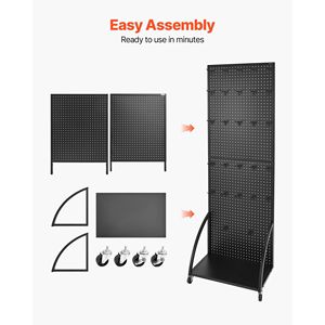 Espositore a pannello forato (pegboard) autoportante in acciaio laminato a freddo rinforzato, 23,7 x 66 pollici, con piastra di base, 30 ganci e ruote - Scaffalature espositive - Product Image 6