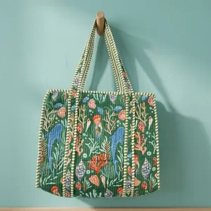 100% Cotton Hand Block Printed Quilted Traditional Indian French Country Handcrafted Storage Tote <b>Bags</b> with <b>Large</b> Capacity - Product Image 4