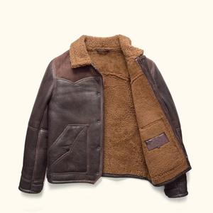 Men Beige Shearling Collar <b>Leather</b> Jacket Winter Warm Snap Button Genuine <b>Leather</b> Workwear <b>Coat</b> OEM Wholesale - Product Image 2