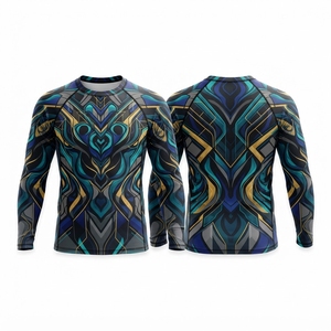 เสื้อรัดรูปแขนยาวสำหรับผู้ชาย ลายชนเผ่าสีน้ำเงิน พิมพ์ด้วยเทคนิค Heat-Transfer แห้งเร็ว เหมาะสำหรับ MMA BJJ ป้องกันรังสียูวี UPF50 เป็นมิตรต่อสิ่งแวดล้อม - Product Image 1