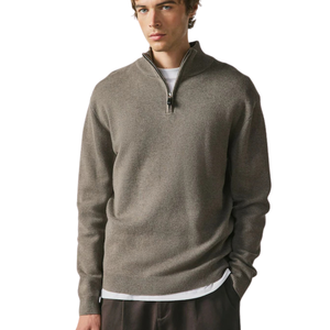 Dark Stone Cotton Blend Quarter Zip Jumper Mens Ribbed Collar Long Sleeve <b>Pullover</b> <b>Sweater</b> for Casual Smart Wear Classic Style - Product Image 1