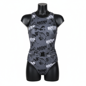Traje de baño de una pieza para mujer, 200 GSM, poliéster, spandex, tela elástica, gris, estampado gráfico, logotipo personalizado para traje de baño. - Product Image 1