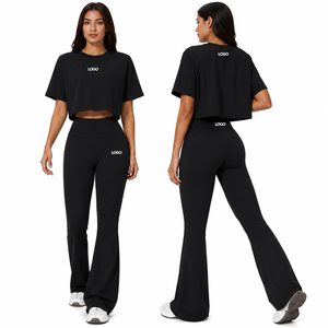 Womens 2 Piece Yoga Set Crop Top & High Waist <b>Flare</b> <b>Leggings</b> Fitness Gym Workout Activewear Lounge Wear Set - Product Image 6