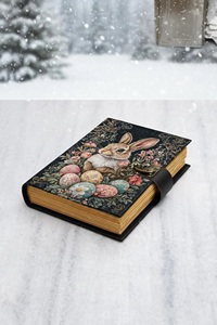 Carnet en cuir vintage 400 pages motif lapin de Pâques, œufs floraux multicolores, reliure cousue, cadeau artistique, par Herb Heritage - Product Image 3