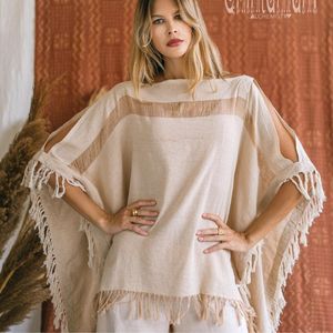 เสื้อปอนโชผ้าฝ้ายดิบสไตล์โบฮีเมียนสำหรับผู้ชายและผู้หญิง สไตล์ยิปซีฮิปปี้ เปิดไหล่ เสื้อคลุมสำหรับงานเทศกาล แต่งชายครุย เหมาะสำหรับงานปาร์ตี้และชุดไปเที่ยวชายหาด - Product Image 4