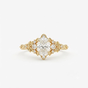 Bague de fiançailles vintage en or jaune 18 carats avec diamant de laboratoire taille ovale et pierres latérales, bijou classique pour la Saint-Valentin - Product Image 1