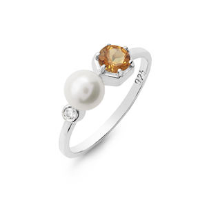 Bague minimaliste en argent sterling 925 pur à 100 % avec perle d'eau douce et pierre précieuse citrine sertie à griffes, bijoux fins pour femmes - Product Image 3