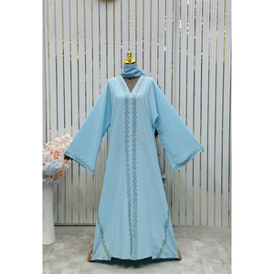 Abaya de luxe de Dubaï pour femmes musulmanes, robe longue élégante à col en V et manches longues avec strass, écharpe assortie, robe islamique, abaya pour femmes - Product Image 6