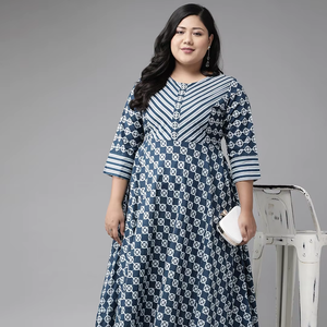 Kurta Anarkali en coton bleu à col mandarin et motifs floraux, grande taille pour femme, manches trois quarts, respirant, look estival - Product Image 1