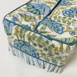 Housse de boîte à mouchoirs rectangulaire en coton bleu et vert à volants, faite à la main par Ridhi, en tissu imprimé au bloc, porte-serviettes, décoration d'intérieur, cadeau pour chambre à coucher - Product Image 3