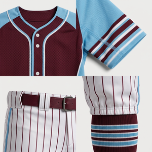 Ensemble uniforme de baseball pour hommes, maillot bordeaux et bleu clair, pantalon rayé, manches courtes, fermeture boutonnée, respirant, toutes saisons - Product Image 5