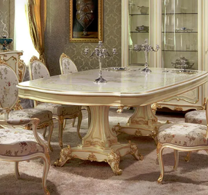 ชุดโต๊ะรับประทานอาหารรูปวงรีไม้สักสีขาวแบบหรูหราเป็นมิตรกับสิ่งแวดล้อม เฟอร์นิเจอร์แกะสลักสไตล์ยุโรปสำหรับห้องรับประทานอาหาร โรงแรม ผลิตในอินโดนีเซีย - Product Image 3