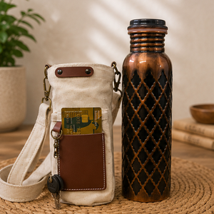 Élégant Coffret Cadeau Bouteille d'Eau en Cuivre Forgé Foncé – Écologique, Portable, Multi-usage pour la Maison avec Couvercles et Sous-verres - Product Image 1