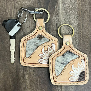 New Manufacturer Tooled <b>Leather</b> Cowhide <b>Keychain</b> White Sunflower Western Key Fob Rustic Floral Car Key Holder Gift for Unisex - Product Image 4