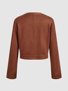 เสื้อแจ็คเก็ตครอปหนังกลับสีน้ำตาลสำหรับผู้หญิง คอทรงโอ แขนยาว กระเป๋าปะแบบมินิมอล เสื้อคลุมสำหรับฤดูใบไม้ร่วง - Product Image 2