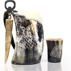 Handcrafted Vikings Horn Mugs For Beer Viking Drinking Coffe Mug Ox Horn Mugs For Men 3 pcs Set Horn Mug Shot Glass Opener - Product Image 2